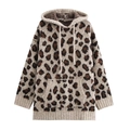 Women's leopard print knit hoodie with kangaroo pocket in warm beige and brown - S / Leopard Print