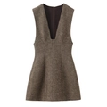 Abito corto senza maniche con scollo a V profondo in tweed marrone e silhouette a trapezio - XS / Marrone