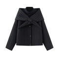 Chic black quilted jacket with standing collar and detachable scarf design - XS / Black