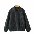 Classic black faux leather jacket with lapel collar and elasticated waist for women - S / Black