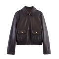 Chaqueta de cuero marrón oscuro para mujer con cuello de solapa y cremalleras doradas - XS / Marrón
