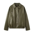 Detail of olive green leather jacket featuring metal zipper and elastic waistband - Green