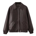 Classic dark brown PU leather jacket with lapel collar and elastic ribbed hem for women - S / Brown