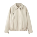 Detail of cream faux leather jacket with zip pocket and elastic hem silhouette - White