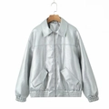 Metallic silver PU leather jacket featuring a classic lapel and elasticated hemline - S / Silver