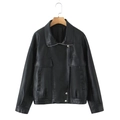 Detail of black PU leather jacket with wide lapels and asymmetric silver zipper - Black
