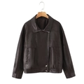 Detail of dark brown faux leather jacket with turn-down collar and silver buckle accents - Coffee