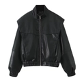 Detail of black PU leather jacket featuring stand collar and metal zipper closure - S / Black