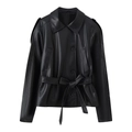 Women's cropped black PU leather jacket with waist tie belt and lapel collar - XS / Black