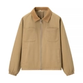 Detail of tan patchwork jacket featuring brown corduroy collar and silver metal zipper - Khaki