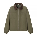 Detail of olive green jacket with brown corduroy collar and metallic zipper hardware - Army Green