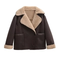 Chaqueta de moda en cuero sintético marrón oscuro con forro de piel sintética crema y solapas - XS / café