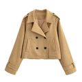 Classic double-breasted camel short wool coat with turn-down collar and epaulettes - XS / Khaki
