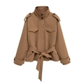 Giacca trench marrone da donna con collo alto, cintura in vita e tasche utilitarie - XS / Kaki