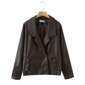 Close-up of double-breasted brown PU leather jacket featuring wide lapels and button pockets - S / Dark Brown