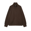 Detailed close-up of dark brown knitted jacket with metal zipper and ribbed high collar - XS / Tops / Brown