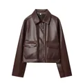 Veste courte en similicuir marron foncé pour femme avec col chemise et poches à rabat élégantes - XS / Brun Foncé
