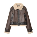 Women's dark brown faux leather shearling jacket with beige lamb wool collar and belts - XS / Dark Brown