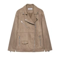 Women's faux suede biker jacket in camel with asymmetric zip and classic lapels - XS / Khaki