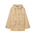 Women's khaki multi-pocket hooded utility jacket with drawstring waist and metal buttons - XS / Khaki