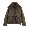 Veste aviateur vintage en daim vert olive avec col en fourrure et grandes poches - XS / Marron Vert