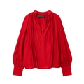 Detail of red V-neck blouse showing silk-like fabric texture and pleated shoulders - XS / Red