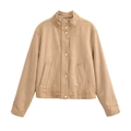 Giacca da donna in finto camoscio con collo alto color cammello e bottoni d'oro - XS / Cachi