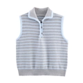 Women's casual sleeveless striped vest with polo collar and buttons in grey and blue - S / Grey/Light Blue Stripes