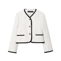 Detailed view of white tweed jacket featuring black woven trim and gold embossed buttons - XS / White