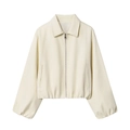 Women's cream oversized faux leather cropped bomber jacket with ruffled hem and zip-up front - XS / Off White
