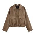 Chaqueta corta marrón de ante sintético para mujer con cremallera y bolsillos grandes - XS / Tops / Camel