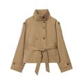 Classic khaki double-breasted short trench coat with waist tie and standing collar - XS / Khaki