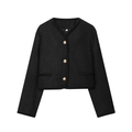 Detail of black tweed jacket featuring gold embossed buttons and textured fabric weave - XS / Black