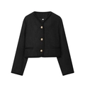 Women's black tweed jacket with gold relief buttons and classic round neck casual style - XS / Black
