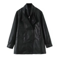 Damenjacke aus schwarzem PU-Leder, zweireihig, mit Kordelzug und elegantem Doppelkragen - S / Schwarz