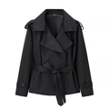Short black belted jacket with lapel collar and epaulets for a minimalist chic style - S / Black