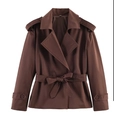 Short trench coat for women in dark brown featuring a notched lapel and waist tie belt - Coffee
