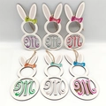 Set of 6 wooden Easter bunny hanging ornaments with colorful bowties and hollow M design - Hollow Letter M Rabbit Style (HF10302)
