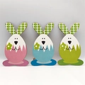 Three Easter wooden bunny egg ornaments in pink, blue, and green colors for home decor - Anthropomorphic Easter Egg Rabbit Decor (HF10301)