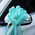 Light blue wedding car mirror bow with gold 'LOVE YOU' print and ribbon texture - Tiffany Blue with I Love You More