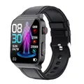E500 smart watch with gray metal case, black sport band and health monitoring sensors - Black Case (Black Leather)