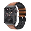 E500 smart watch with brown leather strap and dark grey metal case for men - Black Case (Brown Leather)