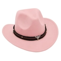 Pink western cowboy felt hat featuring a silver bull head metal ornament and leather band - Pink (Cowboy Bull Head)