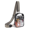 Clear PVC crossbody bag with black trim and colorful geometric patterned strap - Black