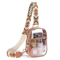 Transparent PVC crossbody bag with brown leather trim and ethnic woven shoulder strap - Tan