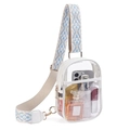 Clear PVC crossbody bag with white trim and blue bohemian pattern wide guitar strap - White