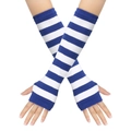 Blue and white striped fingerless long arm warmers in soft knitted cotton fabric - One Size / Royal Blue & White Wide Stripes