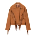 Women's brown faux suede cropped biker jacket with fringe details and notched lapels - S / Caramel Brown