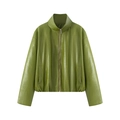 Giacca oversize in pelle PU verde oliva con collo alto e cerniera in argento - S / Giacca di Pelle