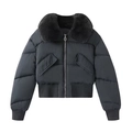 Chaqueta acolchada negra corta para mujer con cuello de pelo sintético desmontable y bolsillos - XS / gris oscuro
